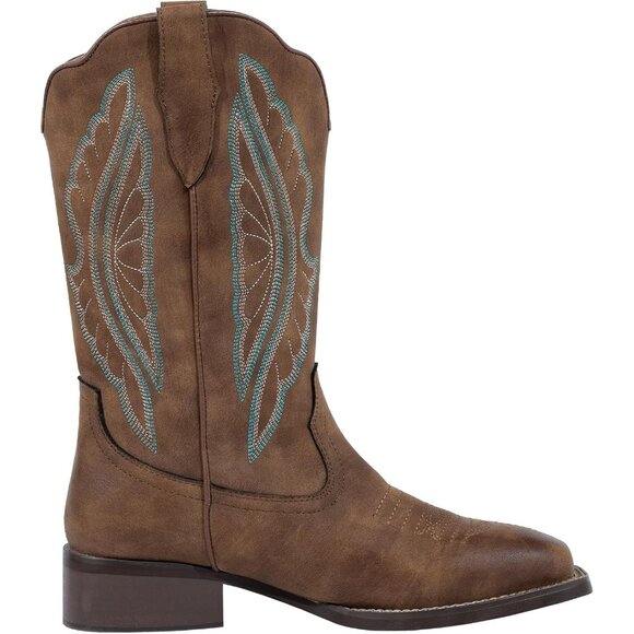 Women's Brown Cow Girl Square Toe Wide Calf Embroidered Western Work Boots - Picture 3 of 9